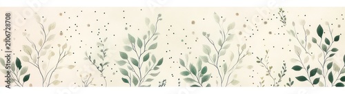 soft watercolor green leafy branches and stems with subtle gold speckles on a warm beige background, calming botanical horizontal banner