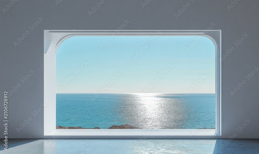 Fototapeta premium minimal interior with large arched window overlooking calm sunlit ocean and distant horizon, reflective floor and a peaceful tranquil mood