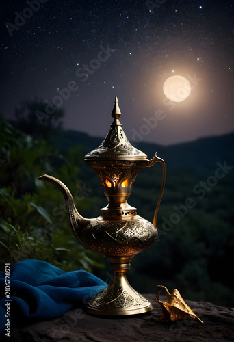 Ornate golden magic lamp wi...