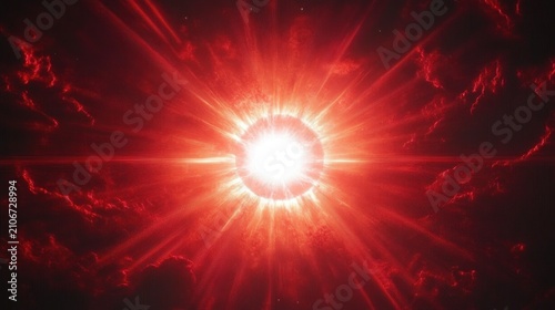 blinding white core with red radiating rays and swirling dark red clouds, dramatic intense cosmic burst conveying power and awe