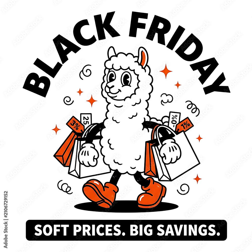 Fototapeta premium Cartoon llama character carrying shopping bags for black friday