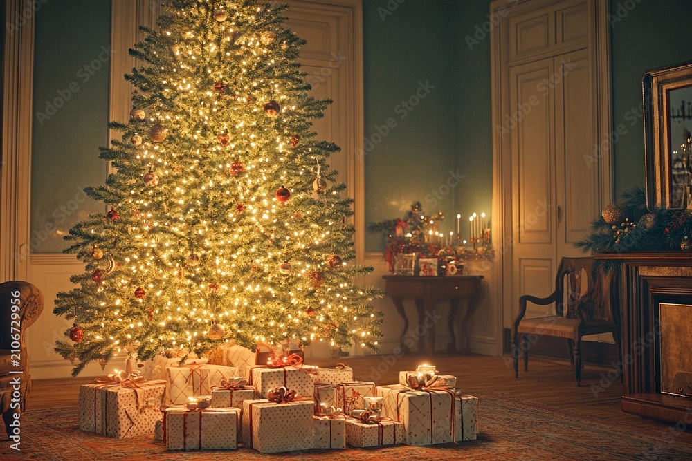 Obraz premium Christmas tree adorned with sparkling lights and gifts in a cozy room filled with candlelight ambiance