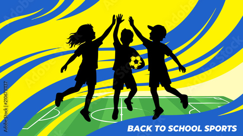 Children Silhouettes Playing Soccer with Abstract Yellow and Blue Background