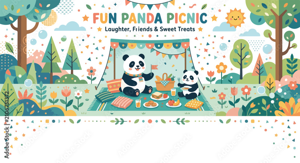 Naklejka premium A whimsical vector illustration of a fun panda picnic in a vibrant forest, featuring colorful treats, flowers, and a happy sunny day backdrop.