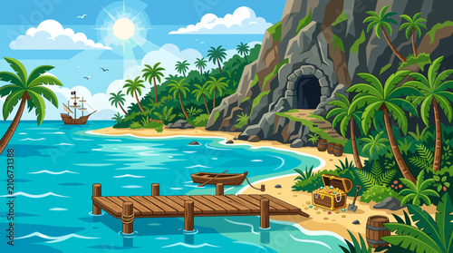 Tropical pirate island background with open treasure chest and sailing ship 