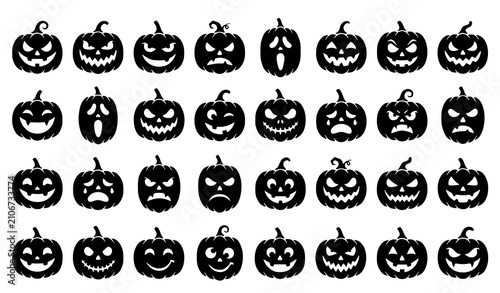 Konstfotografi Halloween scary pumpkin silhouette vector set with spooky jack o lantern devil f