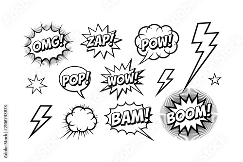 Comic Speech Bubble and Sound Effect Elements Set with Boom, Bam, Pow, Zap, Wow, Pop Text, Lightning Bolts, Explosion Bursts and Cartoon Clouds. Retro Pop Art Vector Illustration Collection