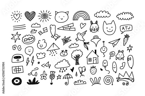 Cute Hand Drawn Doodle Icons Collection with Rainbow, Hearts, Cat, Bunny, Bird, House, Clouds, Trees, Flowers, Balloon and Nature Elements. Kawaii Cartoon Vector Illustration Set