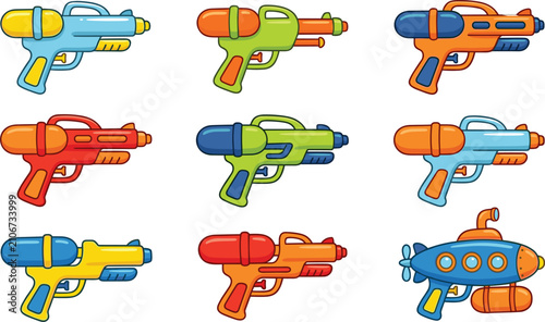 Cuadro en lienzo Colorful Plastic Water Gun Vector Icon Set Featuring Squirt Pistols and Submarin
