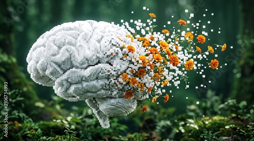Human brain dissolving into orange flowers and white pixels in a forest conceptualizing mental health recovery and neurology growth