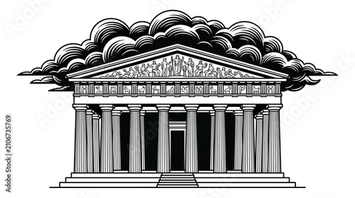 фотографія Ancient Temple Facade with Dramatic Cloud Overlay