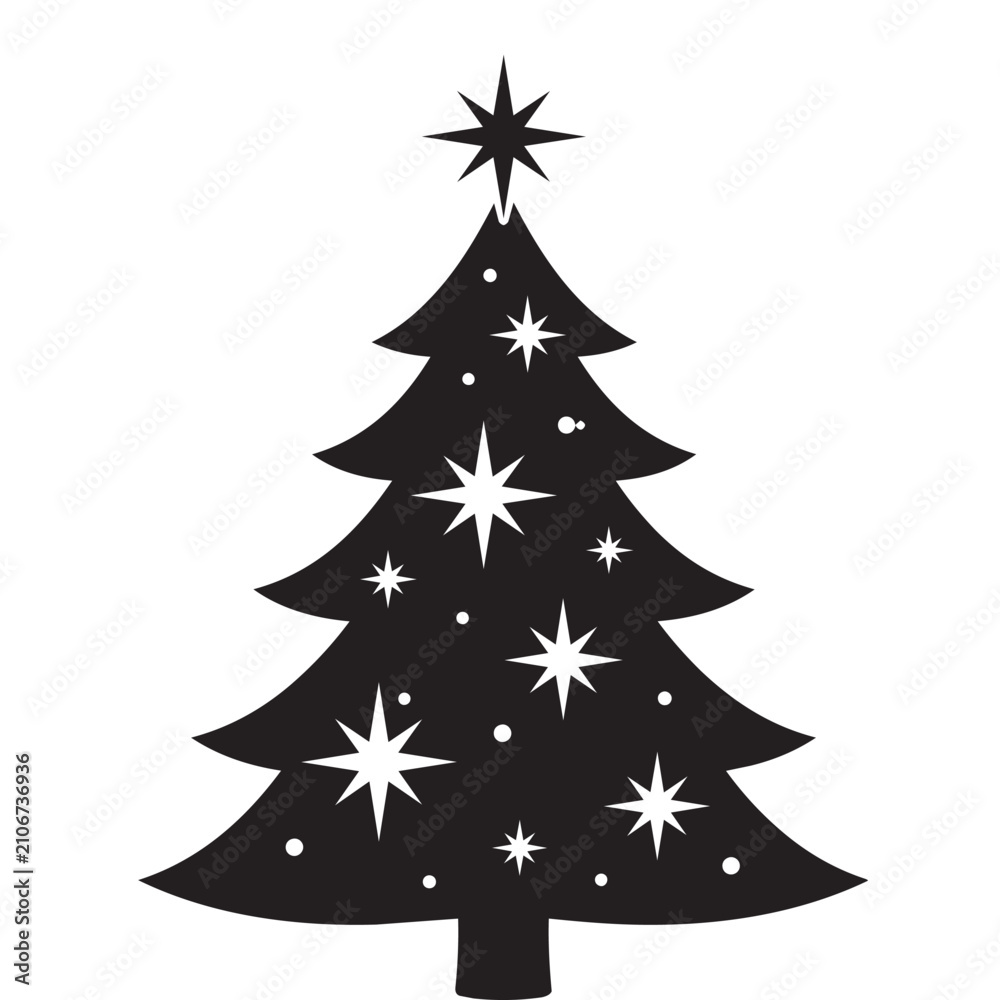 Obraz premium Christmas tree silhouette icon with sparkling star isolated on white background for festive holiday design