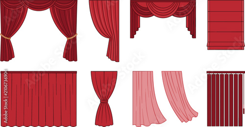 Foto Red Stage Curtain and Window Blinds Vector Set with Theater Drapes, Luxury Valan