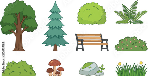 Konstfotografi Nature Park Landscape Elements Vector Set with Deciduous Tree, Pine, Wooden Benc