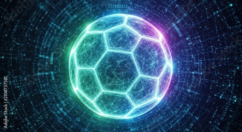 neon soccer ball glowing in the dark with digital background