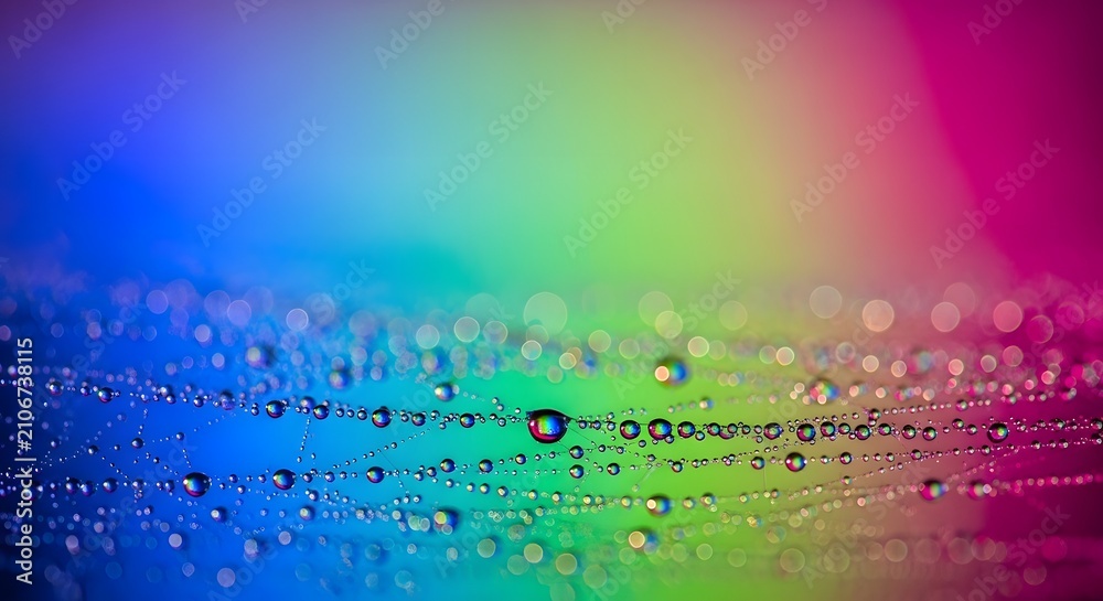 Obraz premium Close-up of water droplets on spider web with colorful rainbow background.