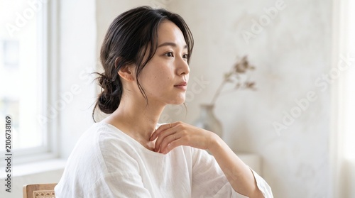 Young Asian Woman Looking Thoughtfully Out of a Window in a Brightly Lit Minimalist Room