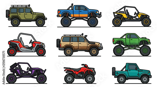Collection of various offroad vehicles side.