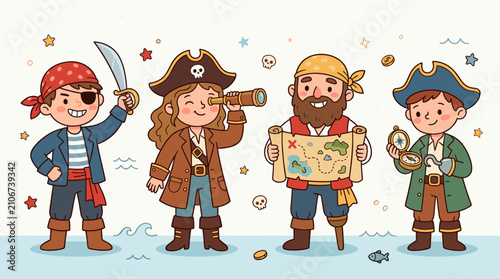 Cute kids pirate group character set vector illustration for t-shirt design