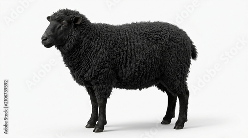 Black Sheep Standing Isolated on White Background - Distinctive and Unique Animal
