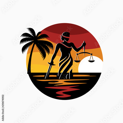 Lady Justice with Palm Tree and Sunset Logo