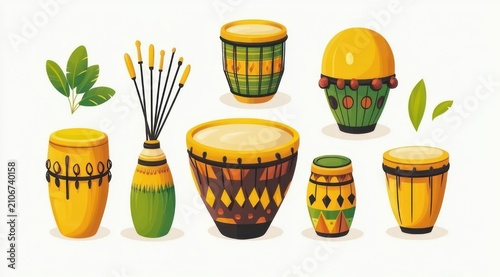 Colorful collection of hand drums, congas, a shekere, a bundle of rhythm sticks and green leaves arranged in a joyful festive scene
