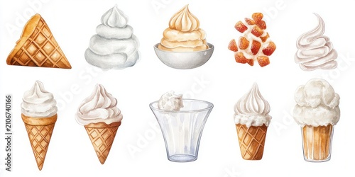 assorted vanilla ice cream and soft-serve illustrations: waffle cone pieces, soft-serve swirls in cones, cups and bowls, scoops and diced caramel toppings, playful creamy treats