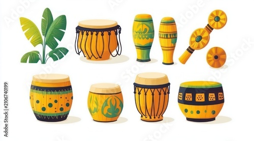 Colorful hand percussion set of decorated drums and wooden shakers with tropical leaves, festive cheerful mood