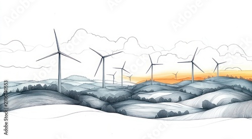 peaceful hand-drawn landscape of rolling hills dotted with clusters of trees and wind turbines beneath cloudy sky with warm orange sunrise glow
