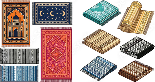 Islamic Prayer Mat Set Featuring Mosque Design Celestial Patterns and Folded Carpets for Ramadan and Eid