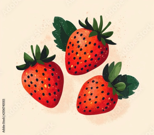 three ripe red strawberries with green leafy tops on a light speckled background, bright playful and fresh mood