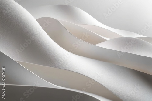 Soft flowing white paper-like waves and layered curves with gentle shadows, minimalist serene and calming abstract composition