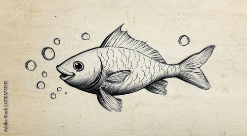 hand-drawn ink sketch of a smiling fish with scales and fins blowing bubbles on textured paper, playful and whimsical