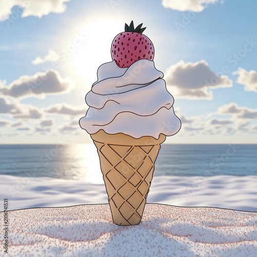whimsical waffle cone with swirled vanilla soft serve topped with a strawberry standing in sand by the ocean at sunset, serene and playful