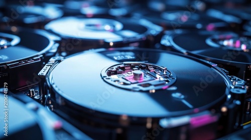 Macro close-up of multiple hard disk drive platters and read/write heads bathed in blue and pink light, sleek futuristic high-tech atmosphere