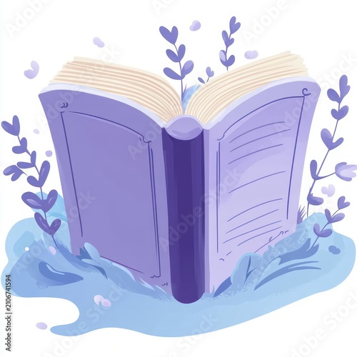 Open purple book with flowing pages surrounded by lavender sprigs and a soft watery puddle, whimsical dreamy peaceful mood