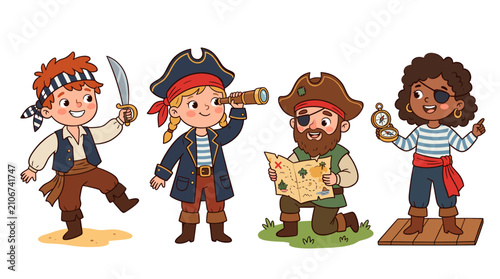 Adorable cartoon pirate children clipart set with treasure map and spyglass