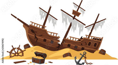 Obraz na płótnie Sunken Pirate Shipwreck Vector Illustration with Broken Wooden Hull tattered Sai