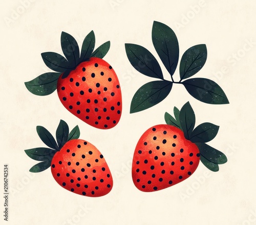 three ripe strawberries with dark green leaves and a leafy sprig on a creamy background, playful and cheerful illustration