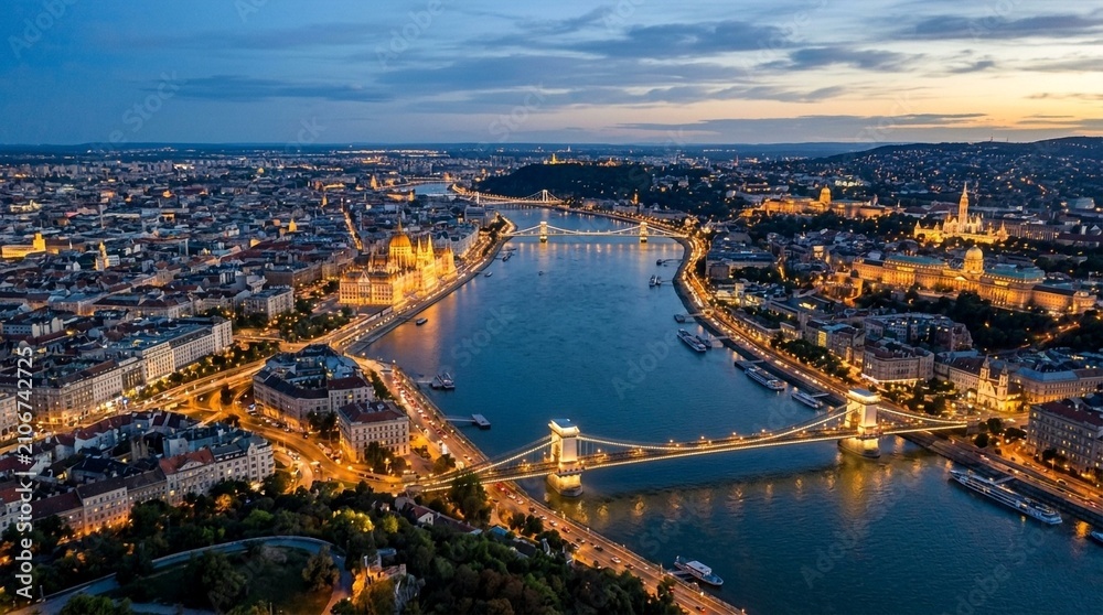 Obraz premium Budapest aerial view at dusk with Danube river and illuminated Chain Bridge