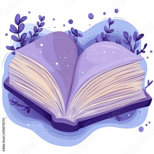 open purple book with heart-shaped pages surrounded by leafy branches, dreamy sparkles and a whimsical wavy background