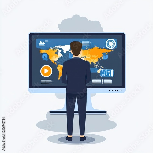 Focused businessman in a suit standing before a large monitor displaying a world map with highlighted regions, data dashboards, charts, play icon and cloud symbol, analyzing global information