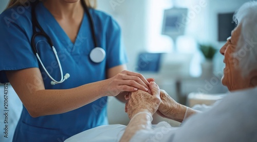 healthcare worker in blue scrubs with stethoscope gently holding the hands of an elderly patient at bedside, conveying compassion, comfort and supportive care in a clinical room