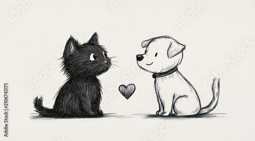 black kitten and white puppy sitting face to face on a simple background with a small heart, playful affectionate sketch