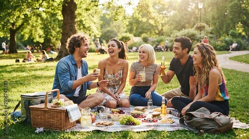 People enjoying picnic gathering on sunny day in park