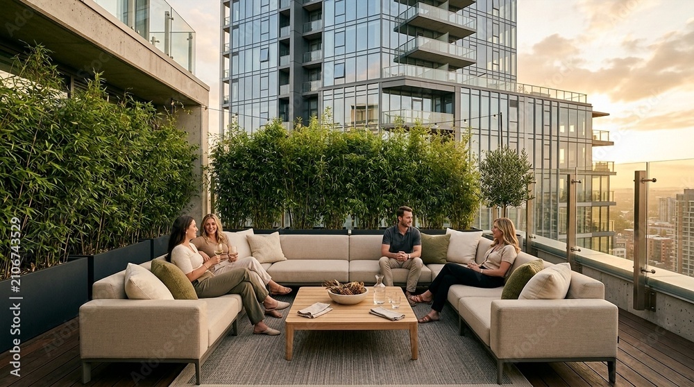 Fototapeta premium City rooftop terrace with friends relaxing on sofa, modern cityscape view