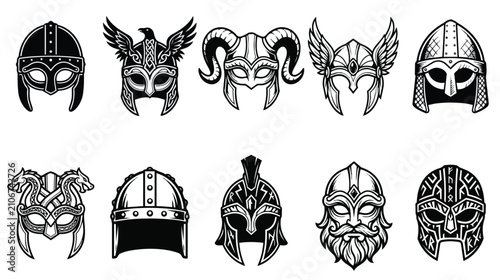 Photos Viking helmet vector icons set, ancient nordic warrior headgear collection, 10 b