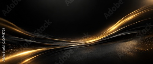 Abstract elegant dark background with golden glowing wavy lines and sparkles. A sophisticated and luxurious design that evokes a sense of prestige and celebration