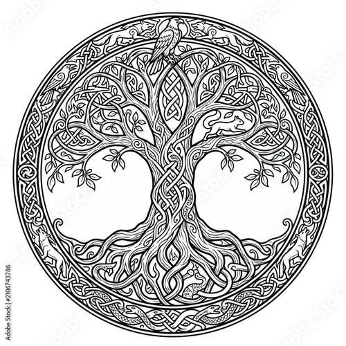 Принти на полотні Celtic Tree of Life Yggdrasil vector, Norse mythology world tree with intricate