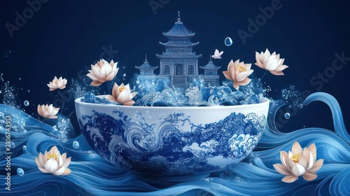 Serene blue and white porcelain bowl overflowing with stylized waves and floating lotus blossoms, a miniature pagoda temple rising from the water in a tranquil mystical scene
